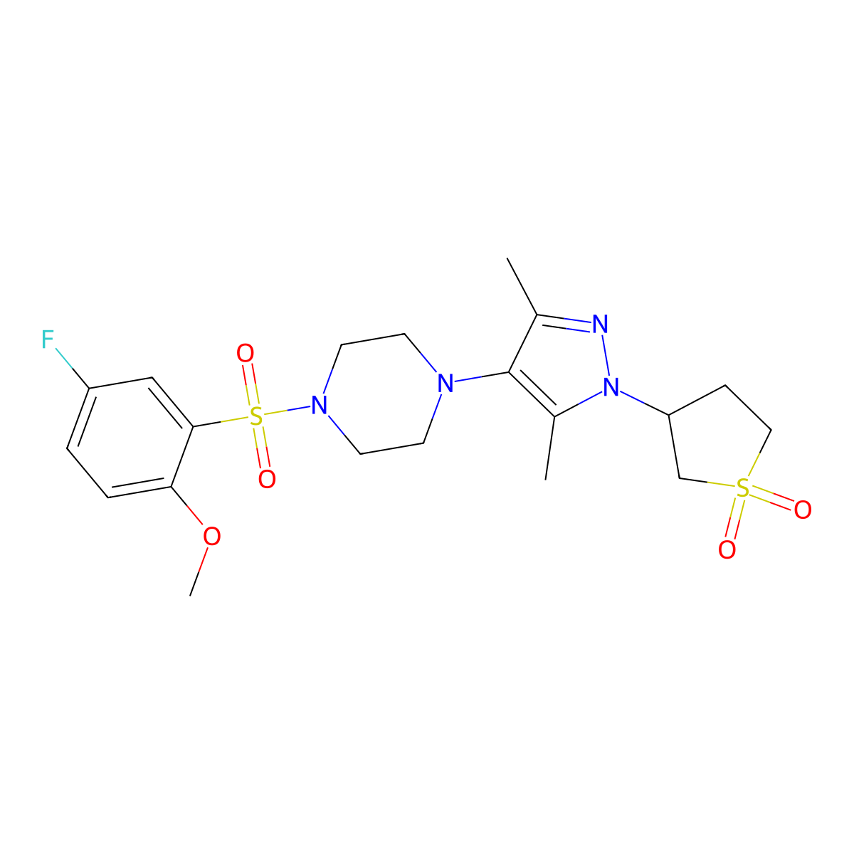 3-(4-(4-((5-fluoro-2-methoxyphenyl)sulfonyl)piperazin-1-yl)-3,5-dimethyl-1H-pyrazol-1-yl)tetrahydrothiophene 1,1-dioxide molecular structure, CAS 1351649-01-8