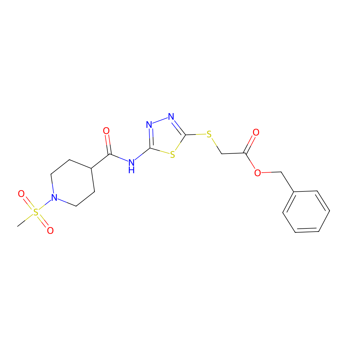 Benzyl 2-((5-(1-(methylsulfonyl)piperidine-4-carboxamido)-1,3,4-thiadiazol-2-yl)thio)acetate molecular structure, CAS 1351649-34-7