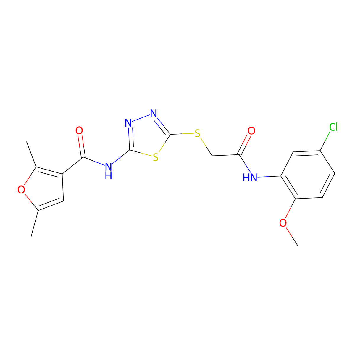 N-(5-((2-((5-chloro-2-methoxyphenyl)amino)-2-oxoethyl)thio)-1,3,4-thiadiazol-2-yl)-2,5-dimethylfuran-3-carboxamide molecular structure, CAS 1351649-41-6