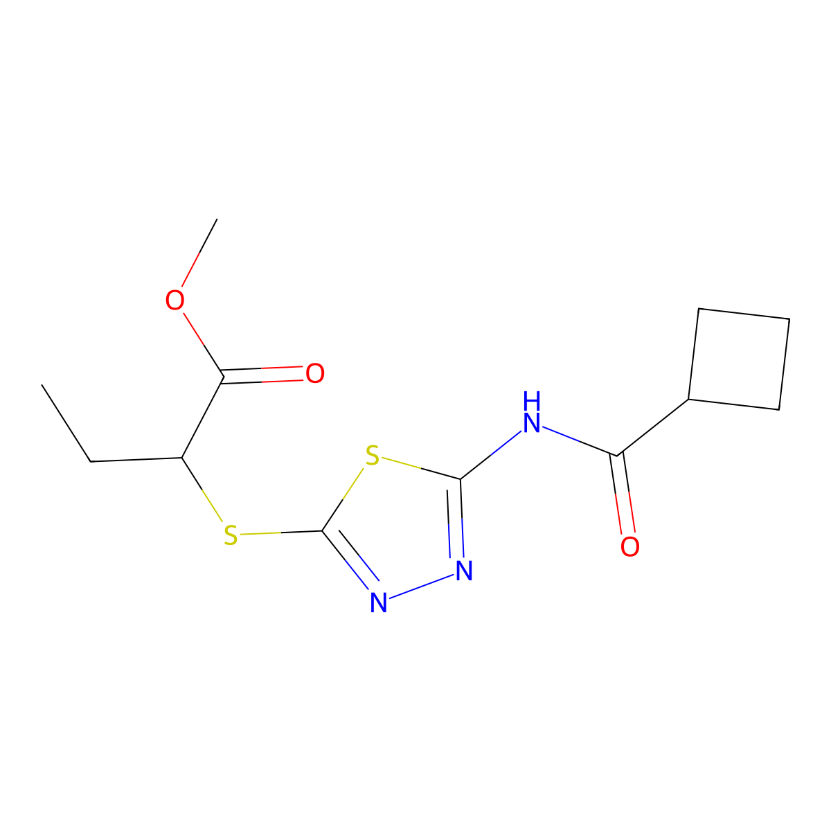 Methyl 2-((5-(cyclobutanecarboxamido)-1,3,4-thiadiazol-2-yl)thio)butanoate molecular structure, CAS 1351649-50-7