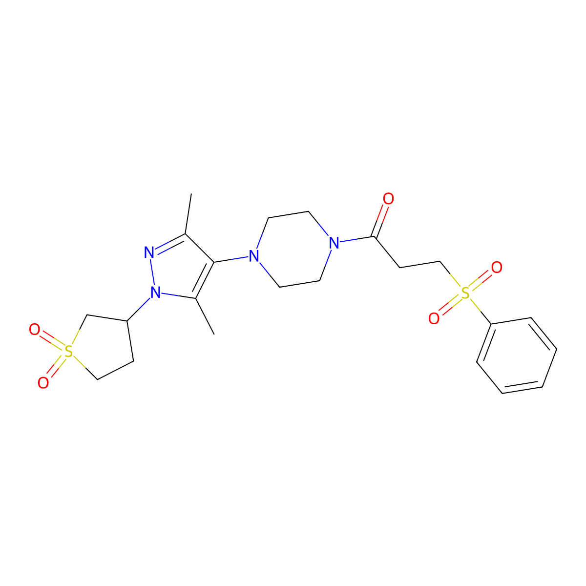1-(4-(1-(1,1-dioxidotetrahydrothiophen-3-yl)-3,5-dimethyl-1H-pyrazol-4-yl)piperazin-1-yl)-3-(phenylsulfonyl)propan-1-one molecular structure, CAS 1351649-53-0