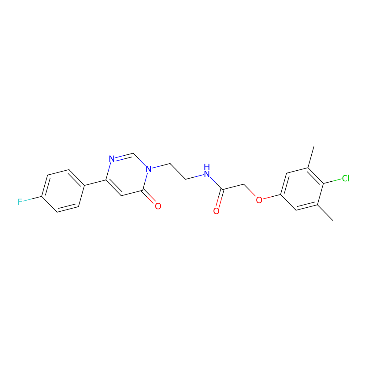 2-(4-chloro-3,5-dimethylphenoxy)-N-(2-(4-(4-fluorophenyl)-6-oxopyrimidin-1(6H)-yl)ethyl)acetamide molecular structure, CAS 1351649-83-6