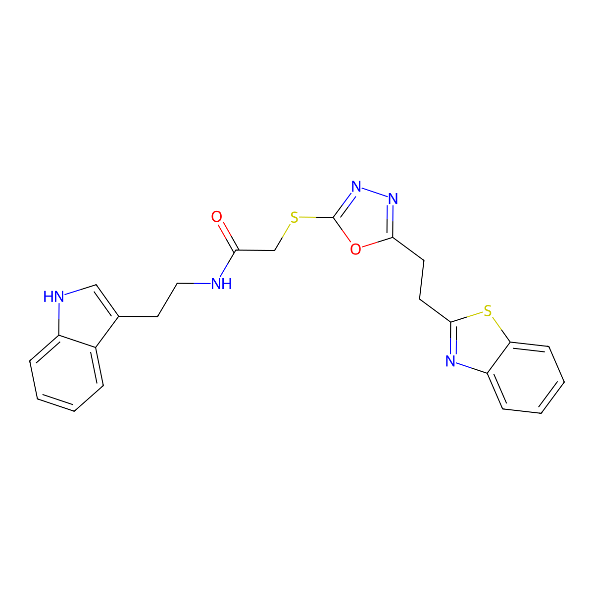 N-(2-(1H-indol-3-yl)ethyl)-2-((5-(2-(benzo[d]thiazol-2-yl)ethyl)-1,3,4-oxadiazol-2-yl)thio)acetamide molecular structure, CAS 1351650-10-6