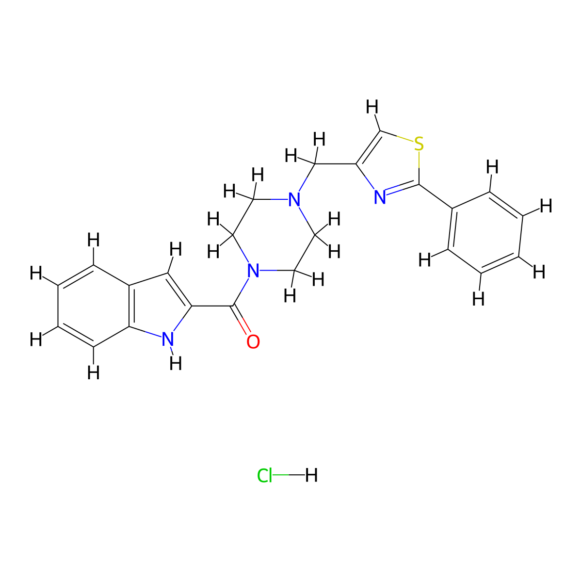 (1H-indol-2-yl)(4-((2-phenylthiazol-4-yl)methyl)piperazin-1-yl)methanone hydrochloride molecular structure, CAS 1351650-11-7