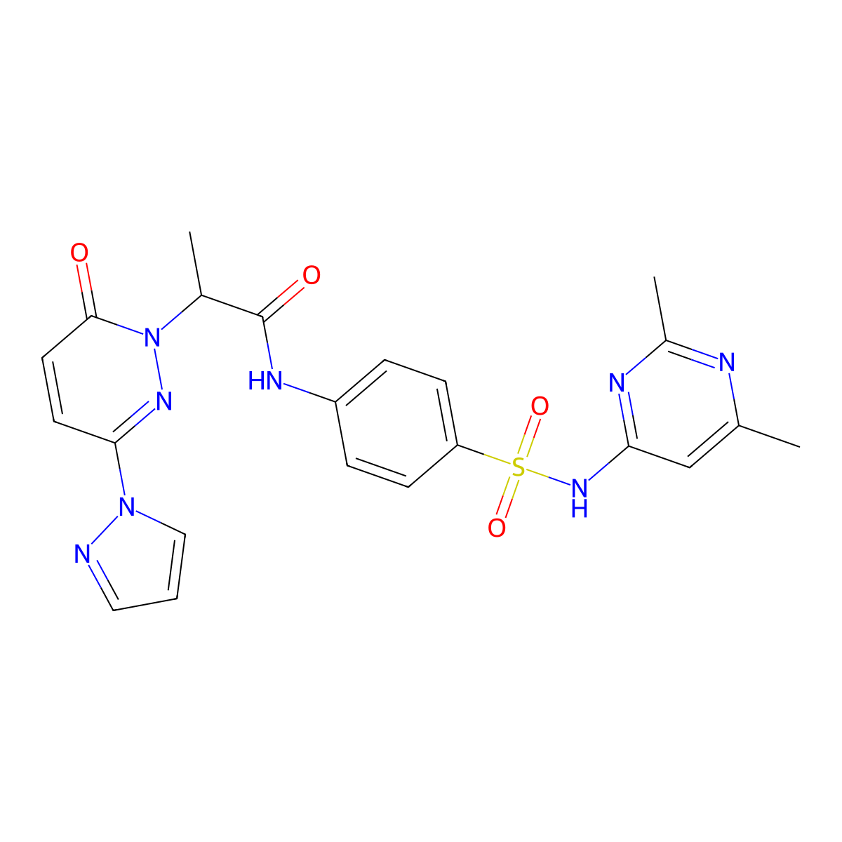 N-(4-(N-(2,6-dimethylpyrimidin-4-yl)sulfamoyl)phenyl)-2-(6-oxo-3-(1H-pyrazol-1-yl)pyridazin-1(6H)-yl)propanamide molecular structure, CAS 1351650-22-0