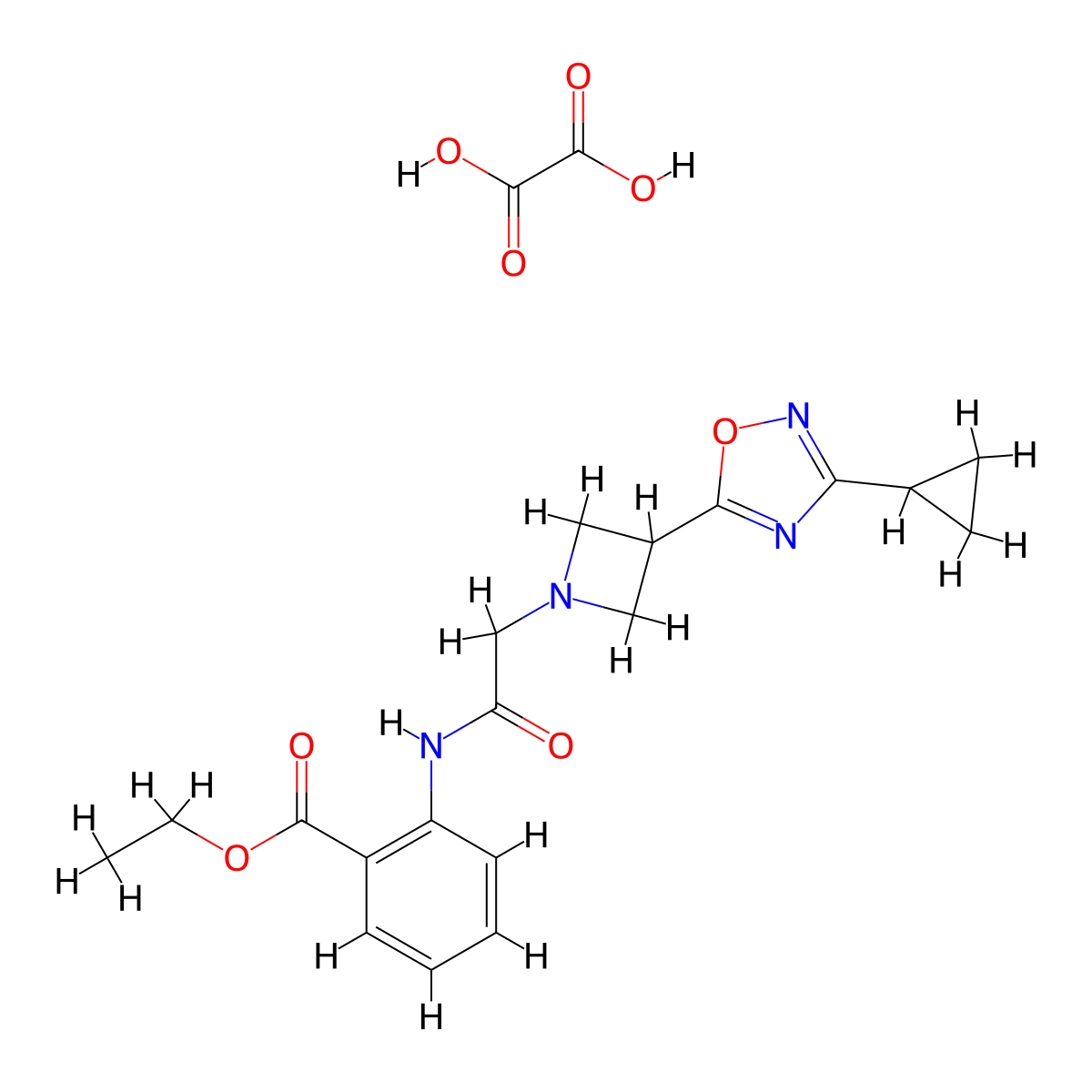 Ethyl 2-(2-(3-(3-cyclopropyl-1,2,4-oxadiazol-5-yl)azetidin-1-yl)acetamido)benzoate oxalate molecular structure, CAS 1351650-29-7