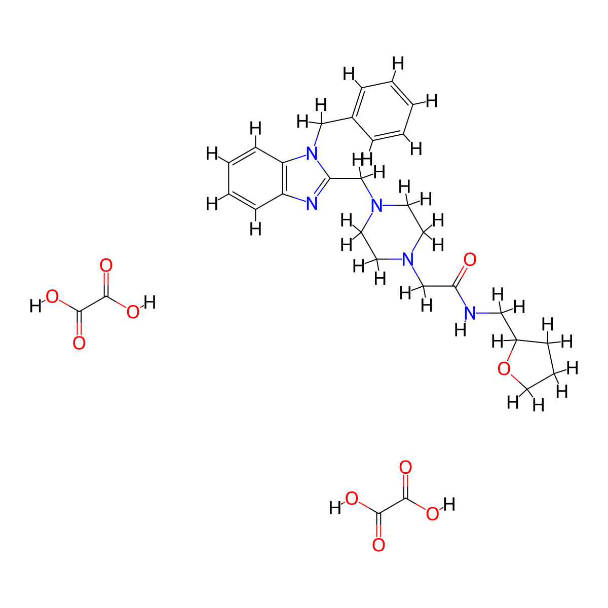 2-(4-((1-benzyl-1H-benzo[d]imidazol-2-yl)methyl)piperazin-1-yl)-N-((tetrahydrofuran-2-yl)methyl)acetamide dioxalate molecular structure, CAS 1351651-25-6