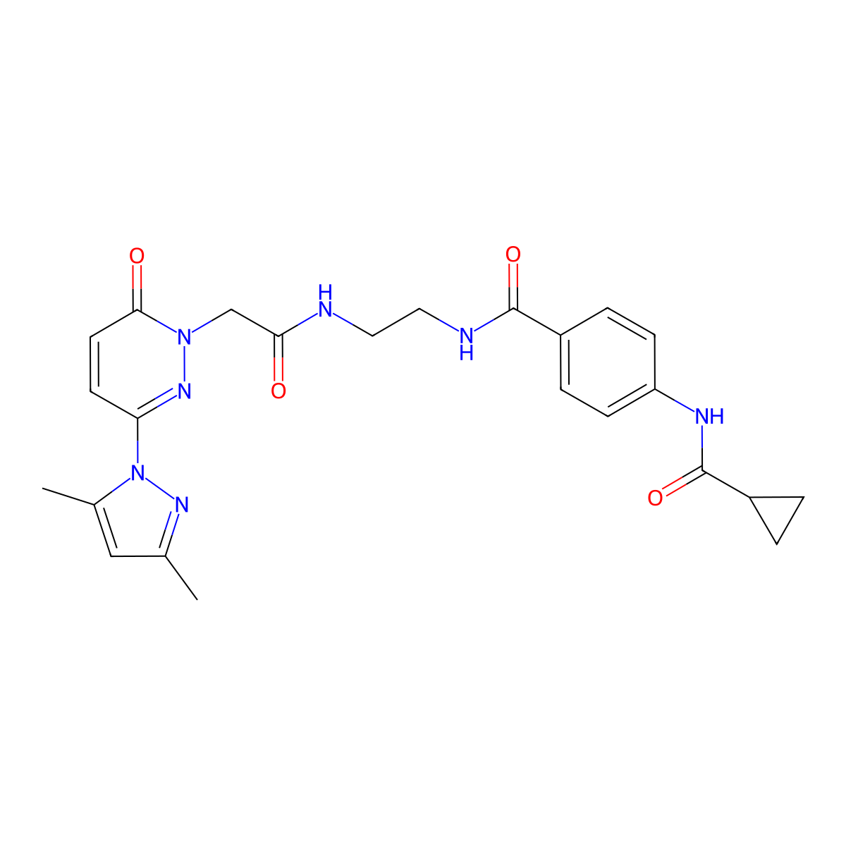 4-(cyclopropanecarboxamido)-N-(2-(2-(3-(3,5-dimethyl-1H-pyrazol-1-yl)-6-oxopyridazin-1(6H)-yl)acetamido)ethyl)benzamide molecular structure, CAS 1351651-47-2
