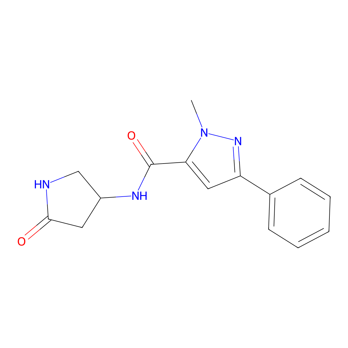 1-methyl-N-(5-oxopyrrolidin-3-yl)-3-phenyl-1H-pyrazole-5-carboxamide molecular structure, CAS 1351651-68-7