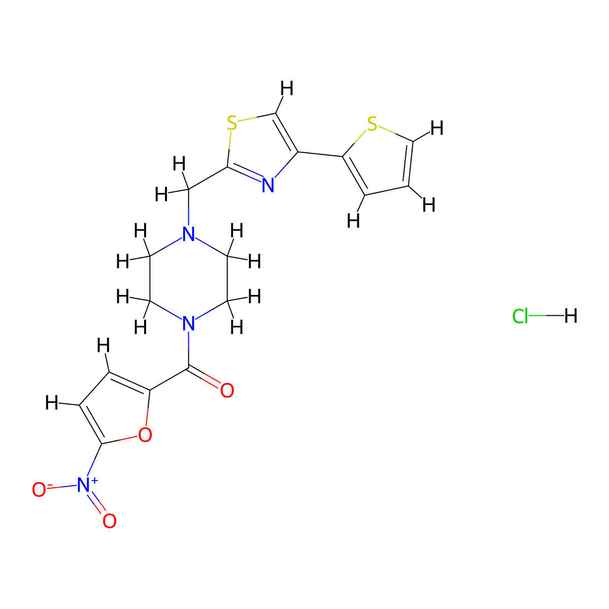 (5-Nitrofuran-2-yl)(4-((4-(thiophen-2-yl)thiazol-2-yl)methyl)piperazin-1-yl)methanone hydrochloride molecular structure, CAS 1351652-47-5