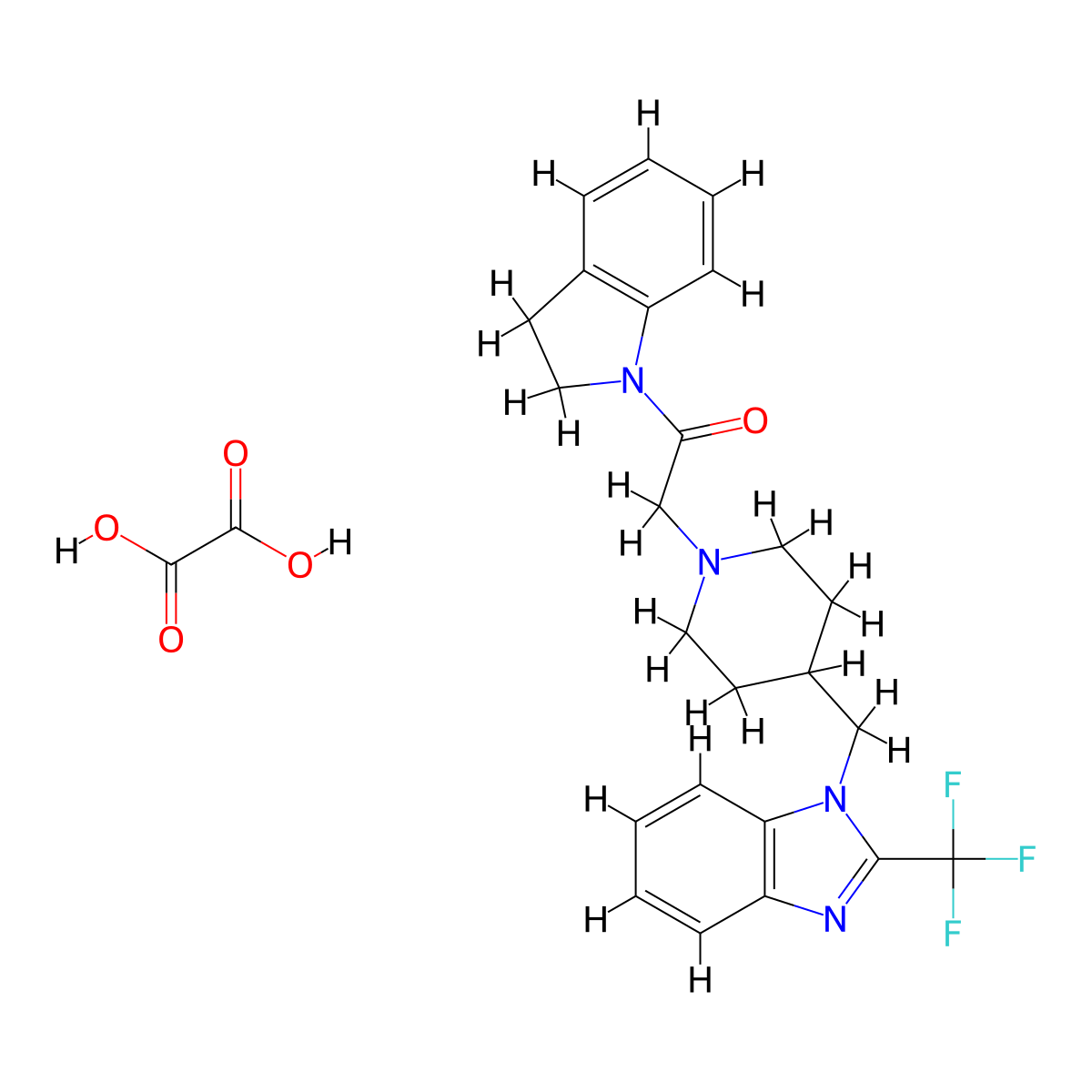 1-(indolin-1-yl)-2-(4-((2-(trifluoromethyl)-1H-benzo[d]imidazol-1-yl)methyl)piperidin-1-yl)ethanone oxalate molecular structure, CAS 1351653-26-3