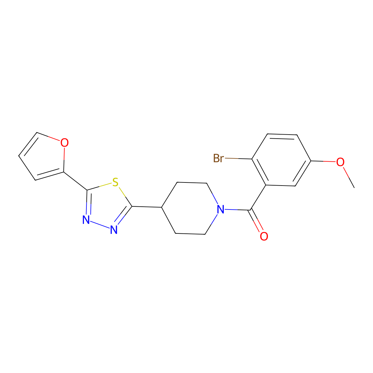 (2-Bromo-5-methoxyphenyl)(4-(5-(furan-2-yl)-1,3,4-thiadiazol-2-yl)piperidin-1-yl)methanone molecular structure, CAS 1351654-01-7