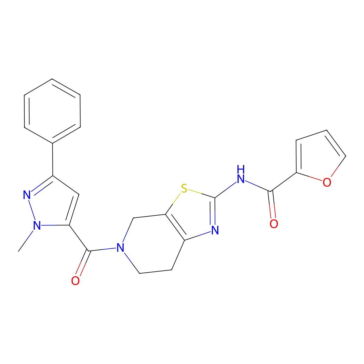 N-(5-(1-methyl-3-phenyl-1H-pyrazole-5-carbonyl)-4,5,6,7-tetrahydrothiazolo[5,4-c]pyridin-2-yl)furan-2-carboxamide molecular structure, CAS 1351654-09-5