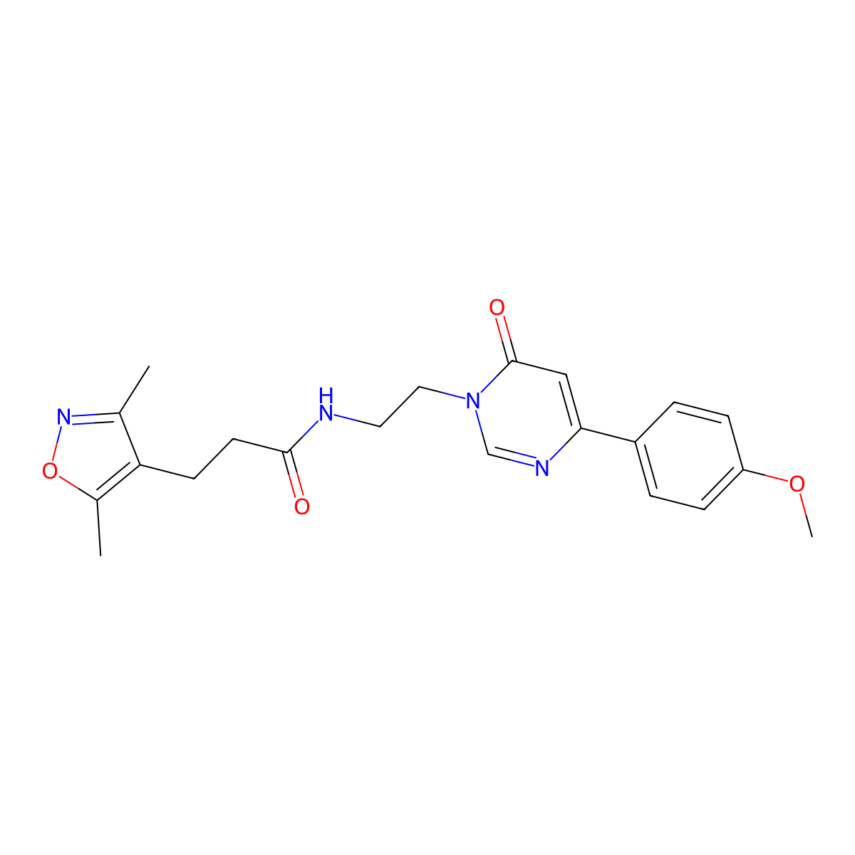 4-Isoxazolepropanamide, N-[2-[4-(4-methoxyphenyl)-6-oxo-1(6H)-pyrimidinyl]ethyl]-3,5-dimethyl- molecular structure, CAS 1351654-34-6