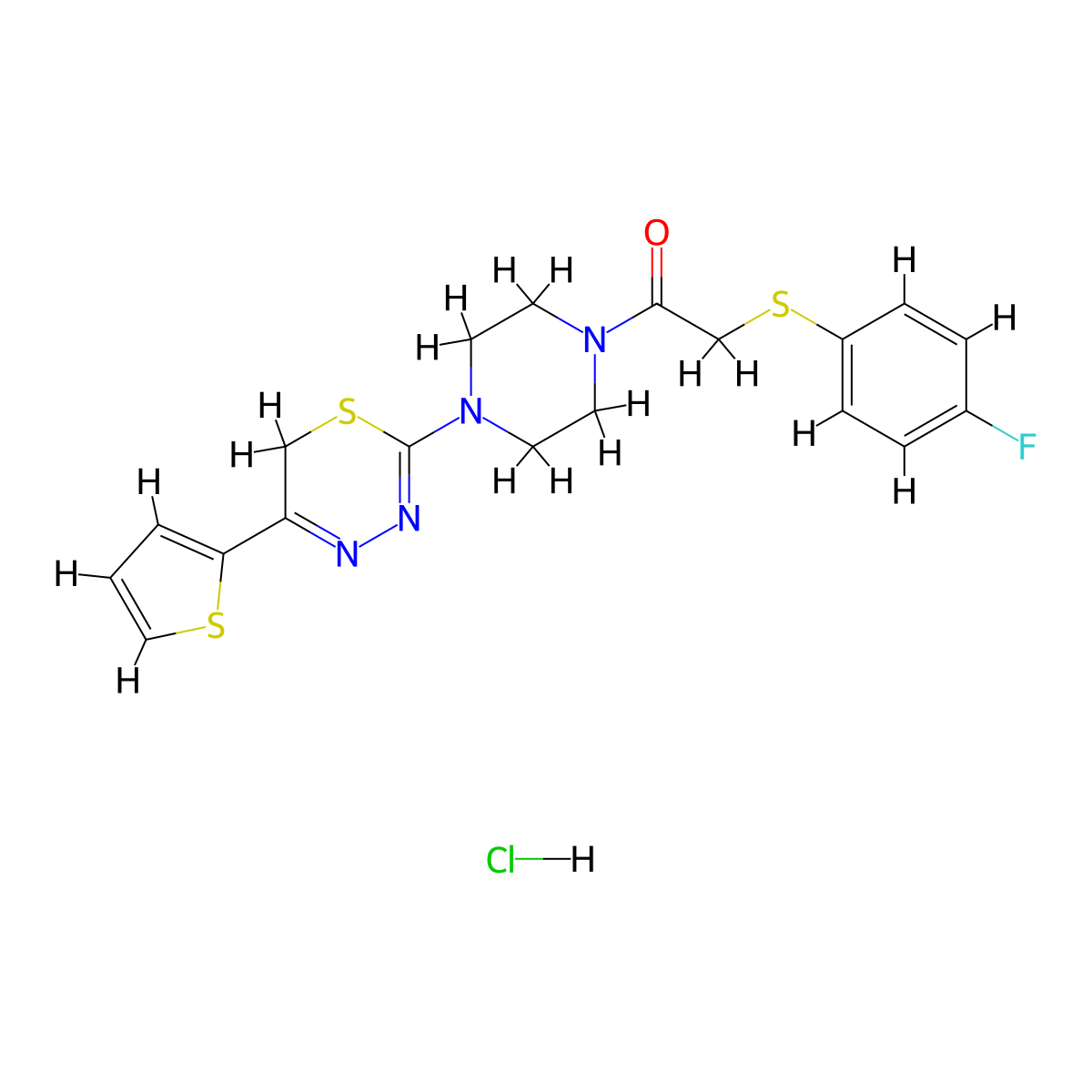 2-((4-fluorophenyl)thio)-1-(4-(5-(thiophen-2-yl)-6H-1,3,4-thiadiazin-2-yl)piperazin-1-yl)ethanone hydrochloride molecular structure, CAS 1351654-49-3