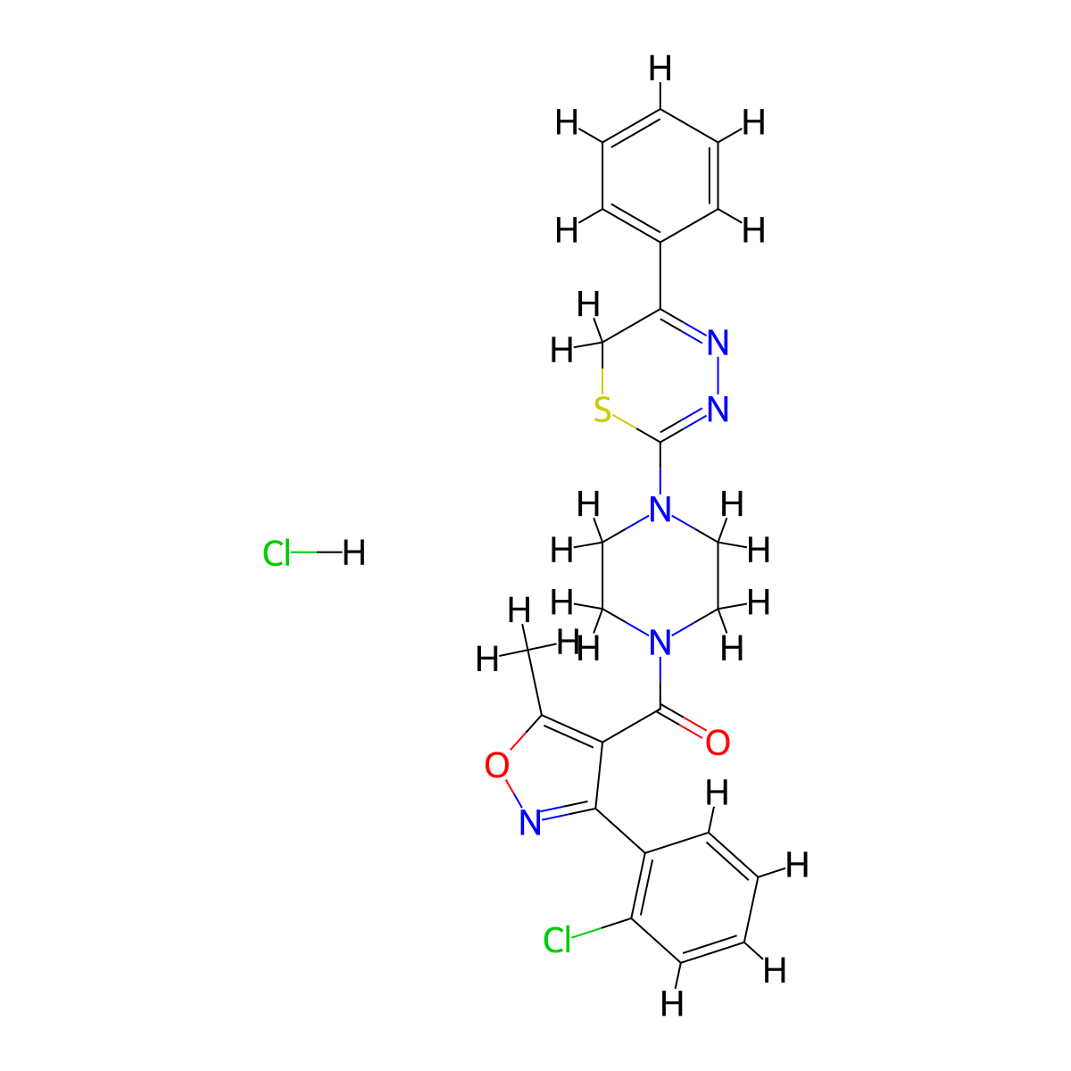 (3-(2-chlorophenyl)-5-methylisoxazol-4-yl)(4-(5-phenyl-6H-1,3,4-thiadiazin-2-yl)piperazin-1-yl)methanone hydrochloride molecular structure, CAS 1351654-65-3