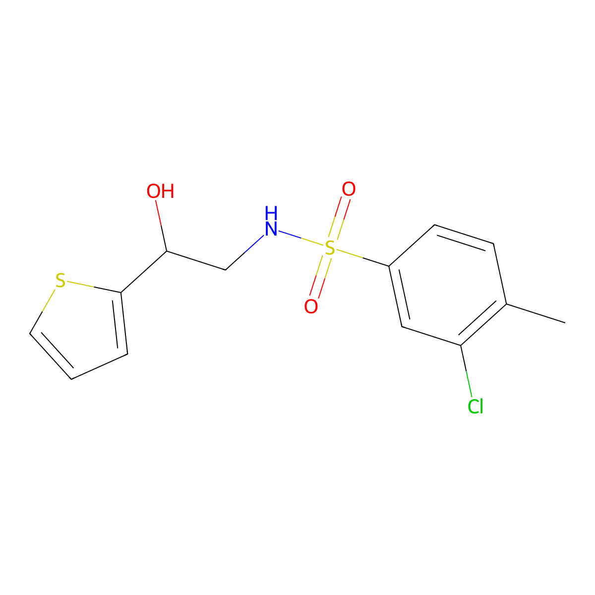 3-chloro-N-(2-hydroxy-2-(thiophen-2-yl)ethyl)-4-methylbenzenesulfonamide molecular structure, CAS 1351654-78-8