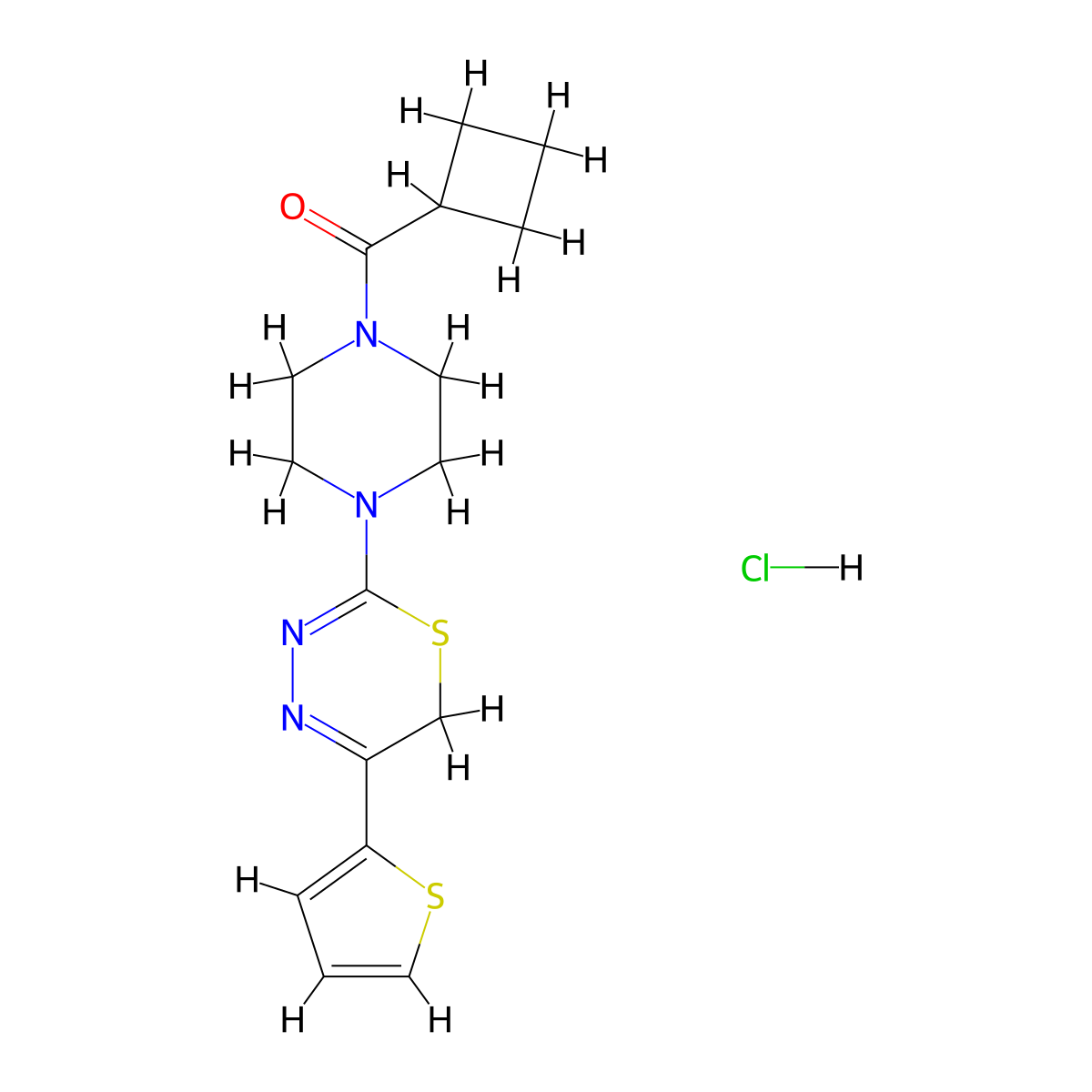 cyclobutyl(4-(5-(thiophen-2-yl)-6H-1,3,4-thiadiazin-2-yl)piperazin-1-yl)methanone hydrochloride molecular structure, CAS 1351655-17-8