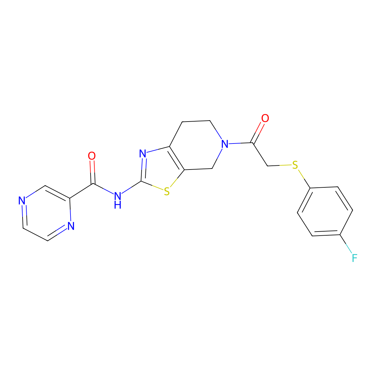 N-(5-(2-((4-fluorophenyl)thio)acetyl)-4,5,6,7-tetrahydrothiazolo[5,4-c]pyridin-2-yl)pyrazine-2-carboxamide molecular structure, CAS 1351655-23-6