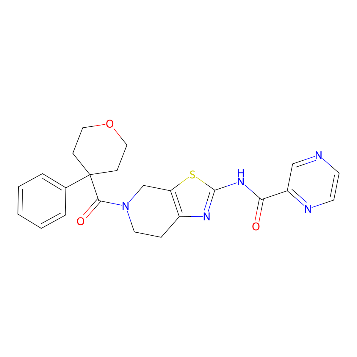 N-(5-(4-phenyltetrahydro-2H-pyran-4-carbonyl)-4,5,6,7-tetrahydrothiazolo[5,4-c]pyridin-2-yl)pyrazine-2-carboxamide molecular structure, CAS 1351655-36-1