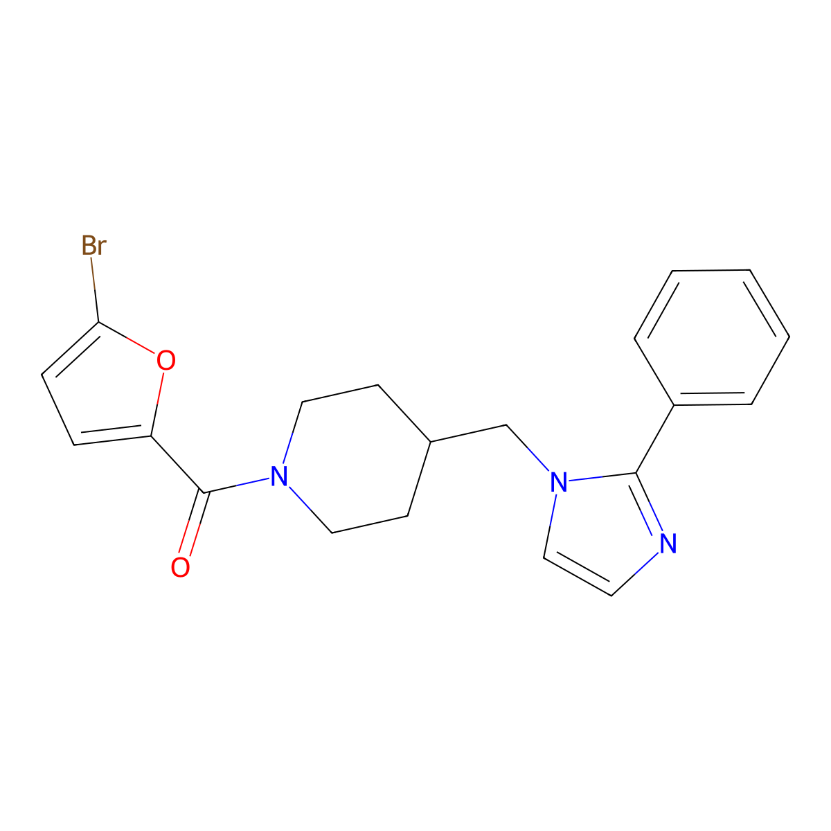 (5-bromofuran-2-yl)(4-((2-phenyl-1H-imidazol-1-yl)methyl)piperidin-1-yl)methanone molecular structure, CAS 1351655-39-4