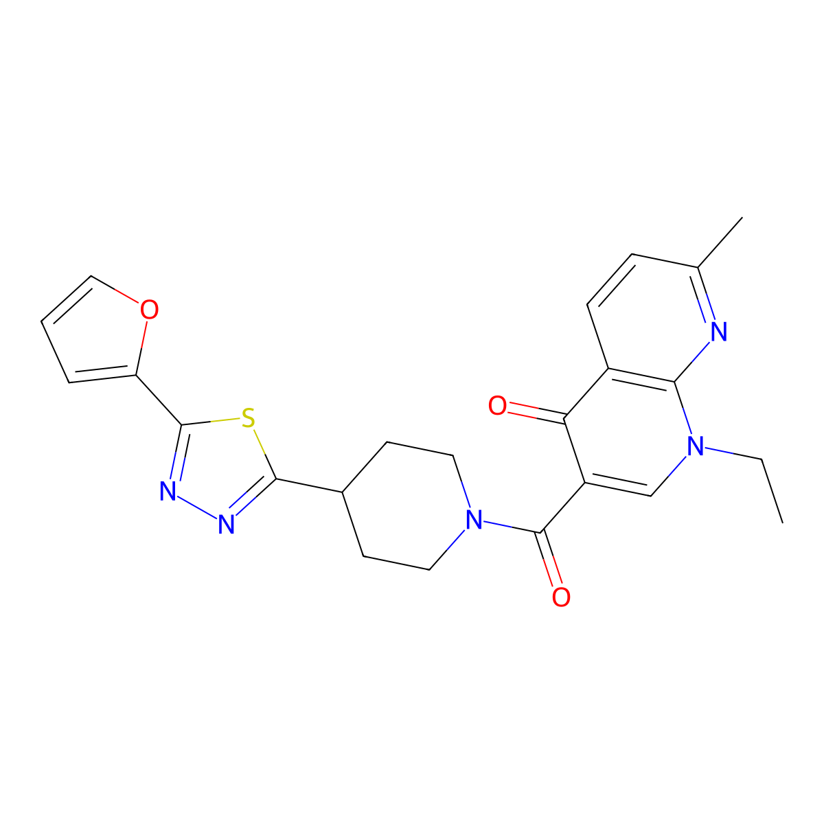 1-ethyl-3-(4-(5-(furan-2-yl)-1,3,4-thiadiazol-2-yl)piperidine-1-carbonyl)-7-methyl-1,8-naphthyridin-4(1H)-one molecular structure, CAS 1351655-50-9