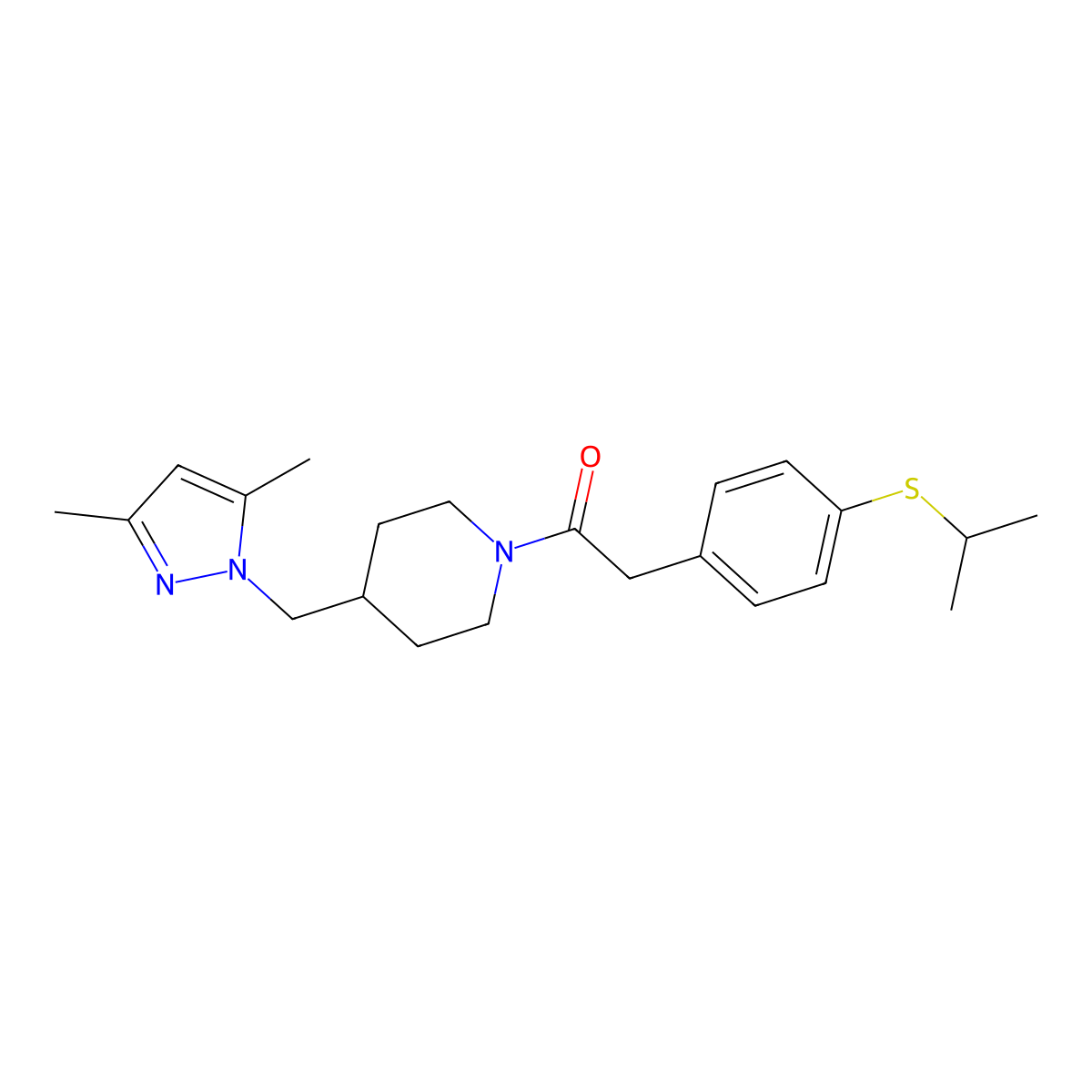 1-(4-((3,5-dimethyl-1H-pyrazol-1-yl)methyl)piperidin-1-yl)-2-(4-(isopropylthio)phenyl)ethanone molecular structure, CAS 1351655-58-7