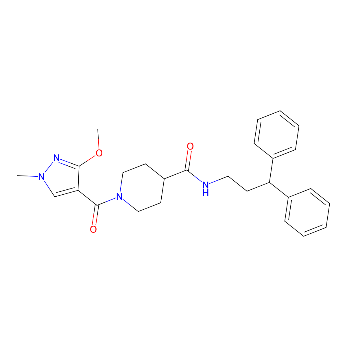N-(3,3-diphenylpropyl)-1-(3-methoxy-1-methyl-1H-pyrazole-4-carbonyl)piperidine-4-carboxamide molecular structure, CAS 1351655-63-4
