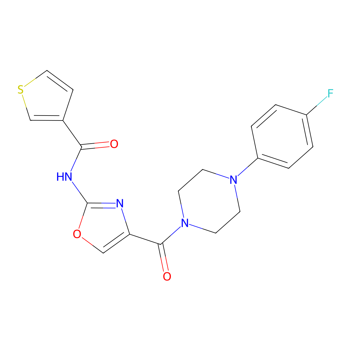 N-(4-(4-(4-fluorophenyl)piperazine-1-carbonyl)oxazol-2-yl)thiophene-3-carboxamide molecular structure, CAS 1351657-76-5