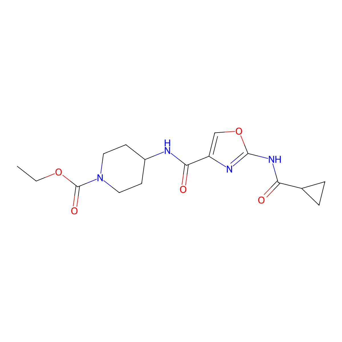 Ethyl 4-(2-cyclopropaneamido-1,3-oxazole-4-amido)piperidine-1-carboxylate molecular structure, CAS 1351657-80-1