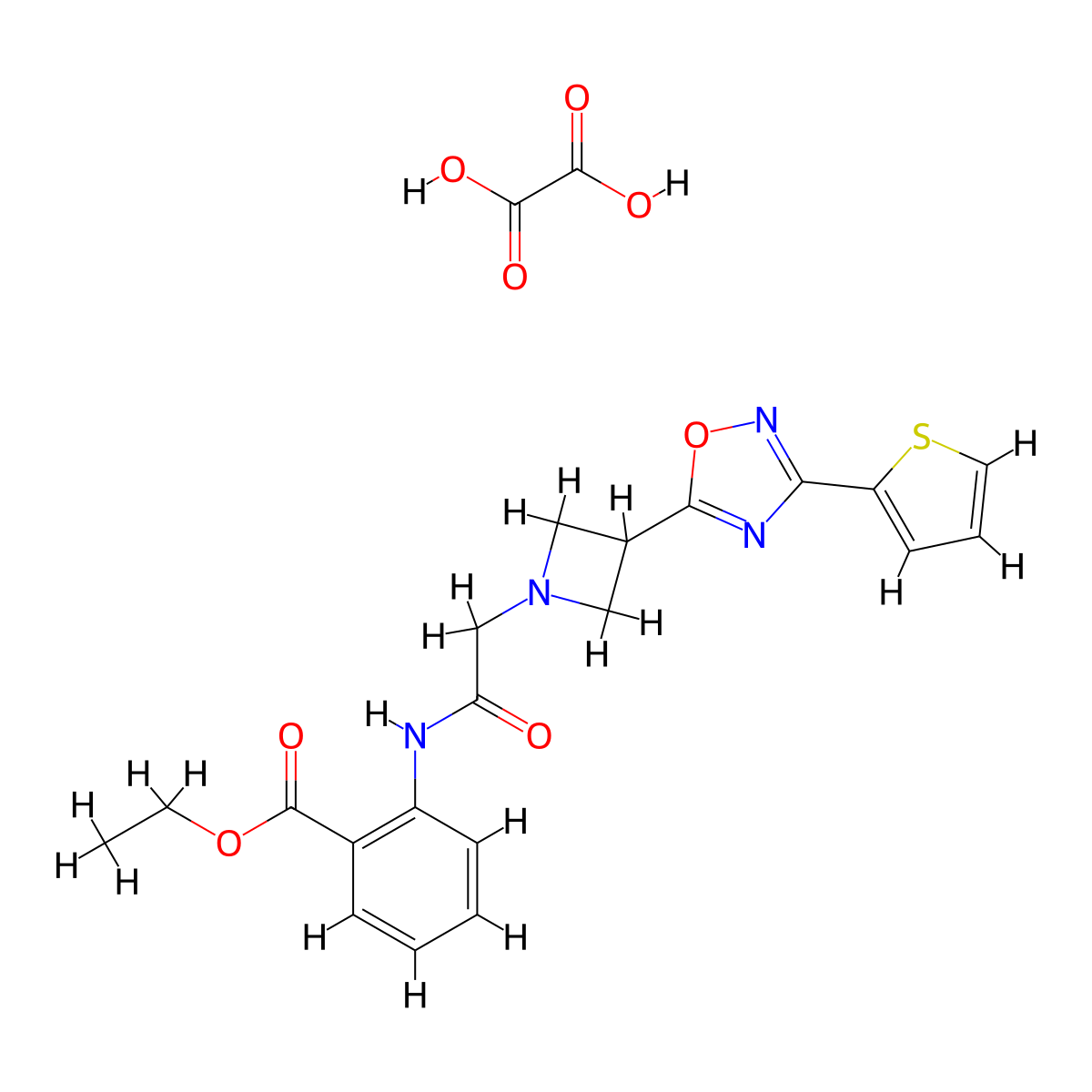 Ethyl 2-(2-(3-(3-(thiophen-2-yl)-1,2,4-oxadiazol-5-yl)azetidin-1-yl)acetamido)benzoate oxalate molecular structure, CAS 1351657-82-3
