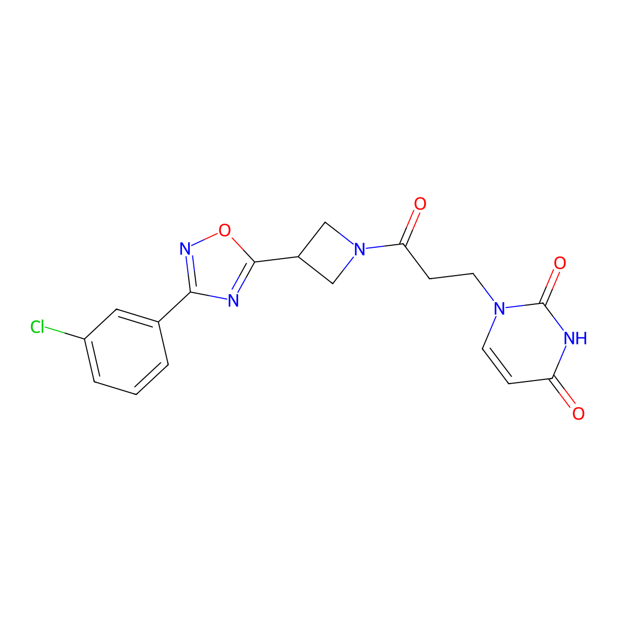 1-(3-(3-(3-(3-chlorophenyl)-1,2,4-oxadiazol-5-yl)azetidin-1-yl)-3-oxopropyl)pyrimidine-2,4(1H,3H)-dione molecular structure, CAS 1351658-18-8