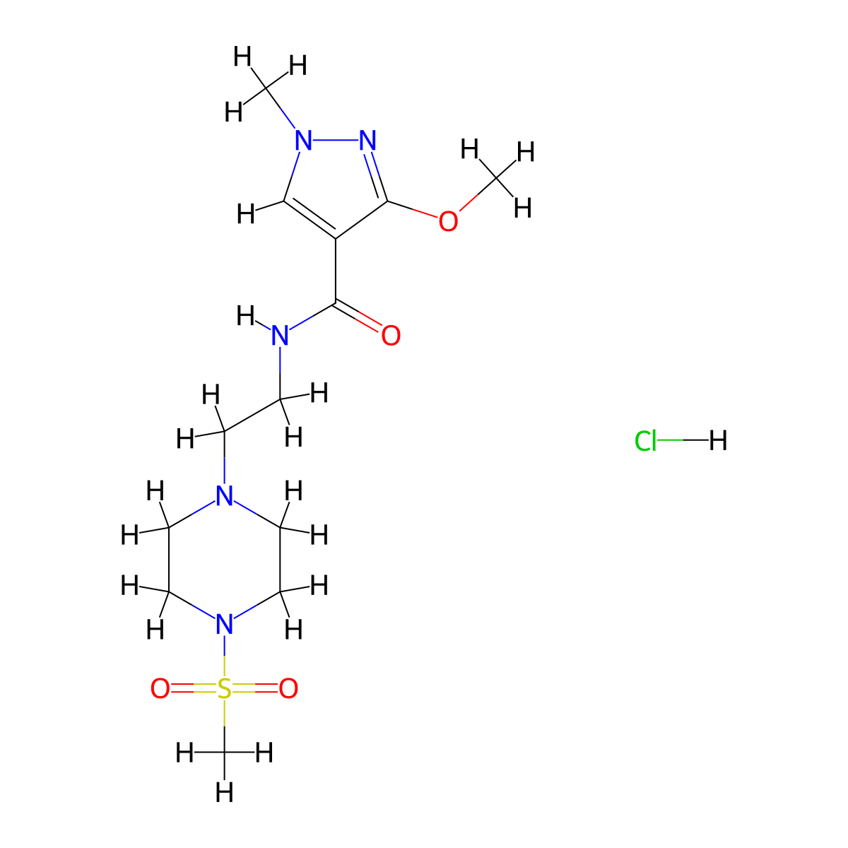 3-methoxy-1-methyl-N-(2-(4-(methylsulfonyl)piperazin-1-yl)ethyl)-1H-pyrazole-4-carboxamide hydrochloride molecular structure, CAS 1351658-24-6