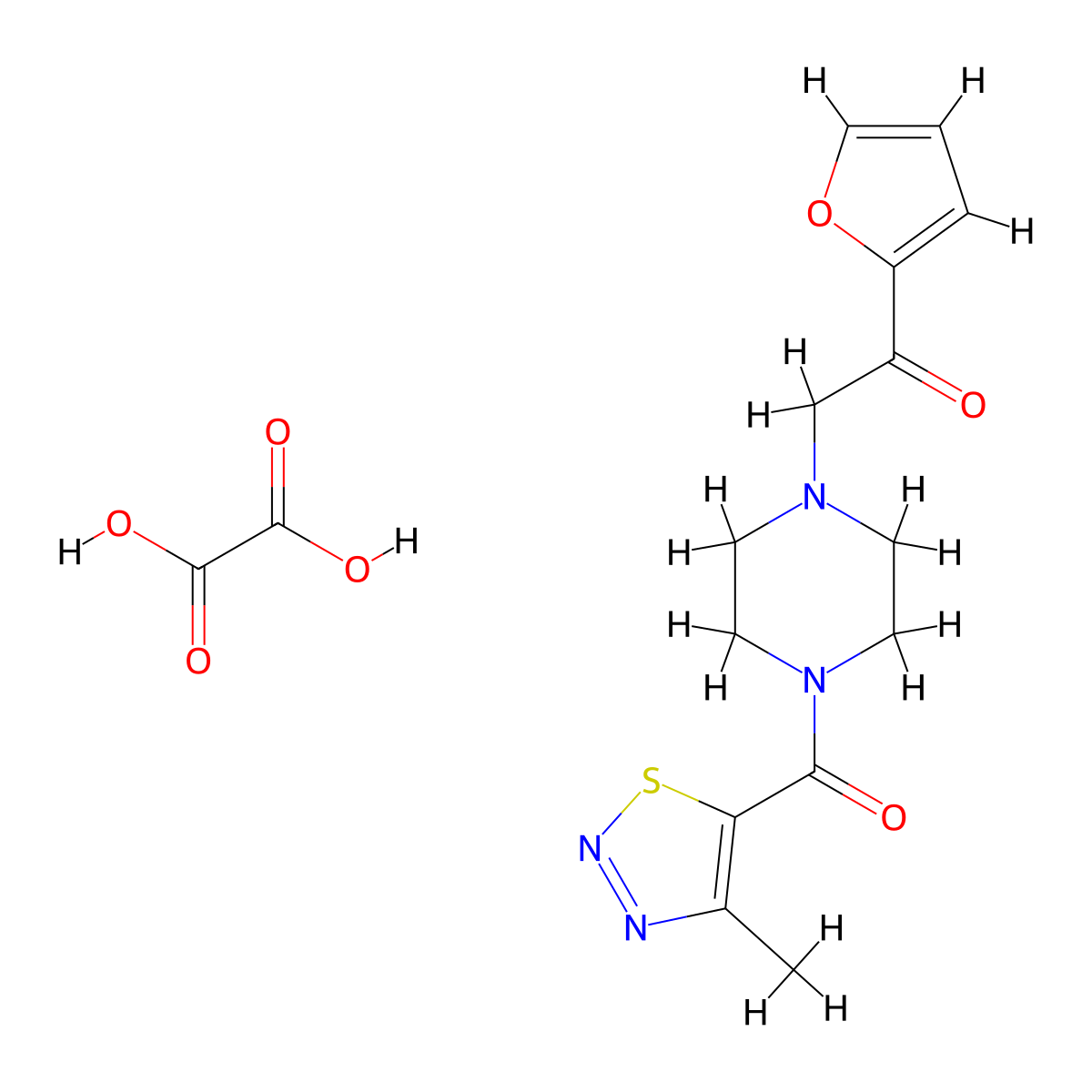 1-(Furan-2-yl)-2-(4-(4-methyl-1,2,3-thiadiazole-5-carbonyl)piperazin-1-yl)ethanone oxalate molecular structure, CAS 1351658-27-9