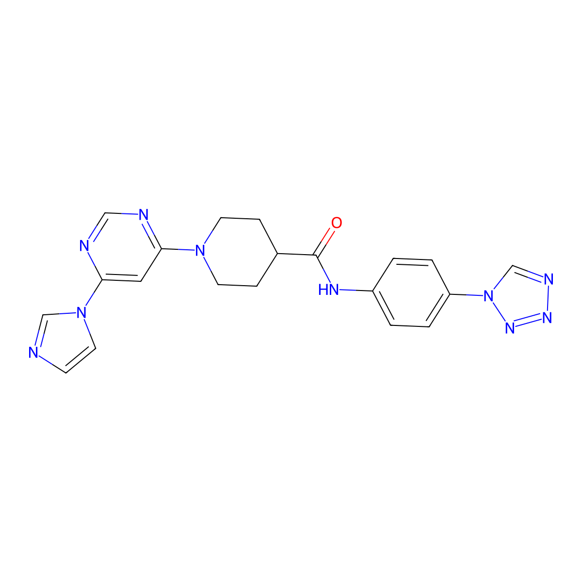 1-(6-(1H-imidazol-1-yl)pyrimidin-4-yl)-N-(4-(1H-tetrazol-1-yl)phenyl)piperidine-4-carboxamide molecular structure, CAS 1351658-73-5