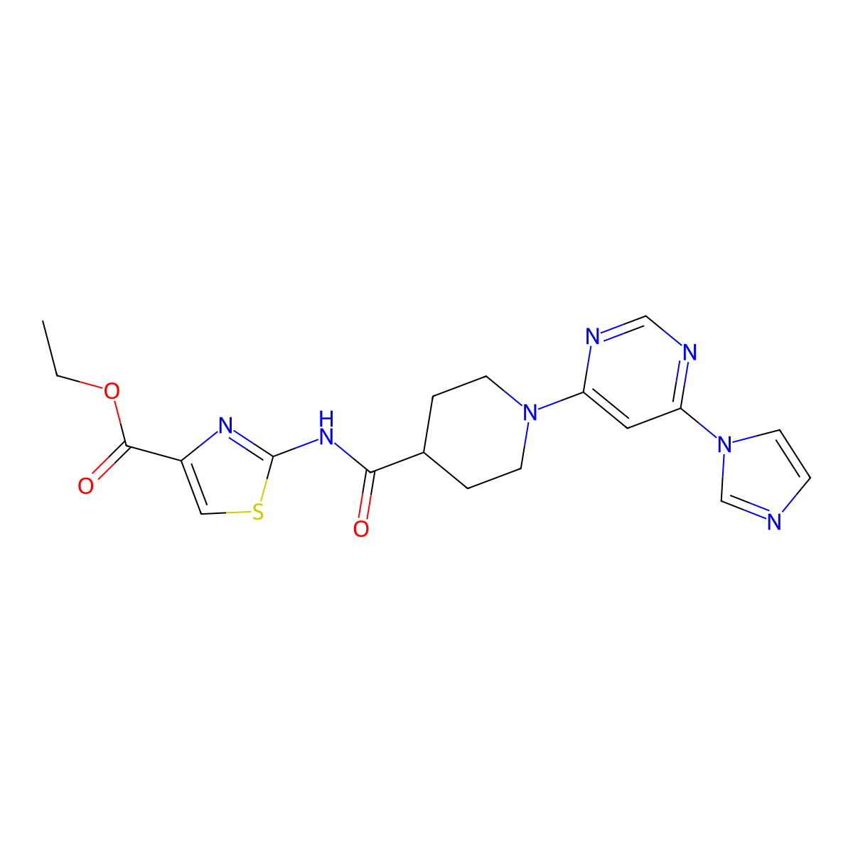 ethyl 2-{1-[6-(1H-imidazol-1-yl)pyrimidin-4-yl]piperidine-4-amido}-1,3-thiazole-4-carboxylate molecular structure, CAS 1351658-81-5