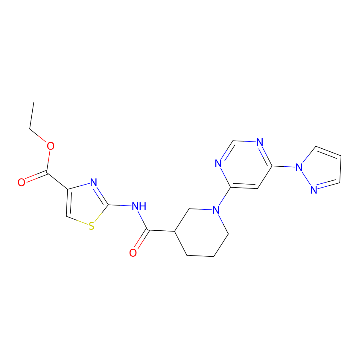 ethyl 2-(1-(6-(1H-pyrazol-1-yl)pyrimidin-4-yl)piperidine-3-carboxamido)thiazole-4-carboxylate molecular structure, CAS 1351658-89-3