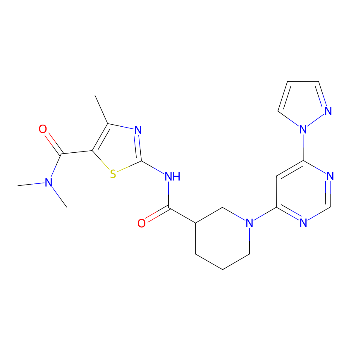 2-(1-(6-(1H-pyrazol-1-yl)pyrimidin-4-yl)piperidine-3-carboxamido)-N,N,4-trimethylthiazole-5-carboxamide molecular structure, CAS 1351658-91-7