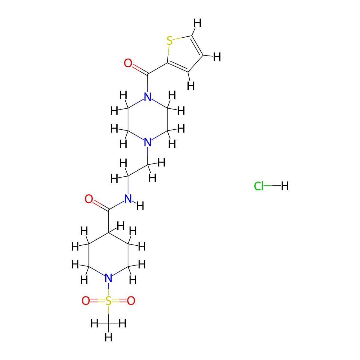 1-(methylsulfonyl)-N-(2-(4-(thiophene-2-carbonyl)piperazin-1-yl)ethyl)piperidine-4-carboxamide hydrochloride molecular structure, CAS 1351658-92-8
