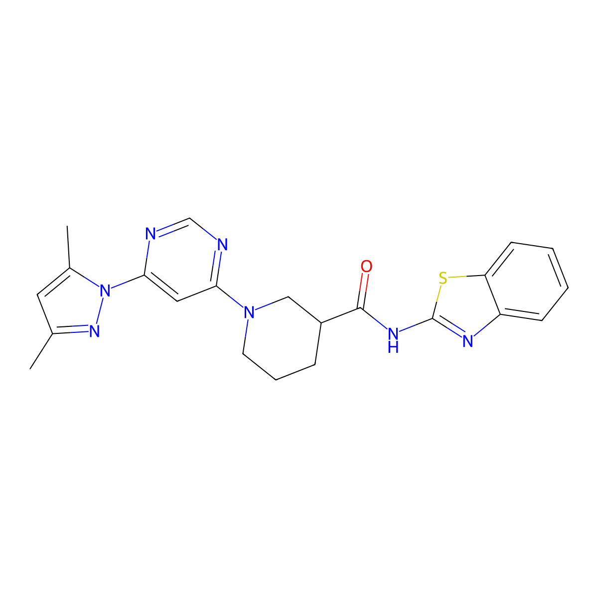 N-(benzo[d]thiazol-2-yl)-1-(6-(3,5-dimethyl-1H-pyrazol-1-yl)pyrimidin-4-yl)piperidine-3-carboxamide molecular structure, CAS 1351659-15-8