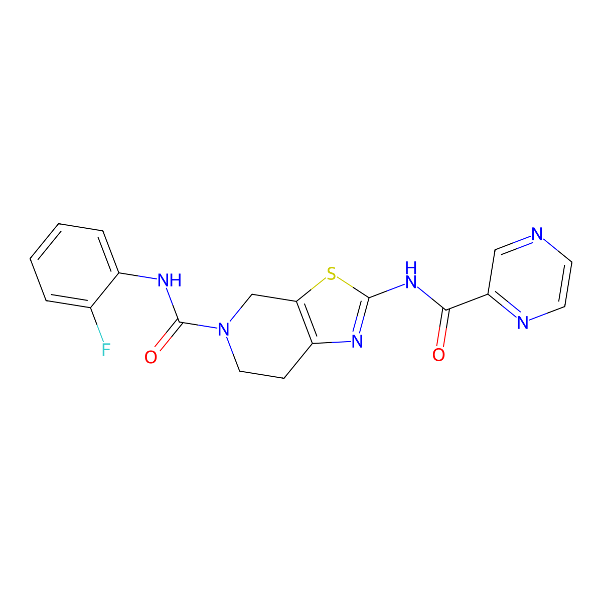N-(2-fluorophenyl)-2-(pyrazine-2-carboxamido)-6,7-dihydrothiazolo[5,4-c]pyridine-5(4H)-carboxamide molecular structure, CAS 1351659-20-5