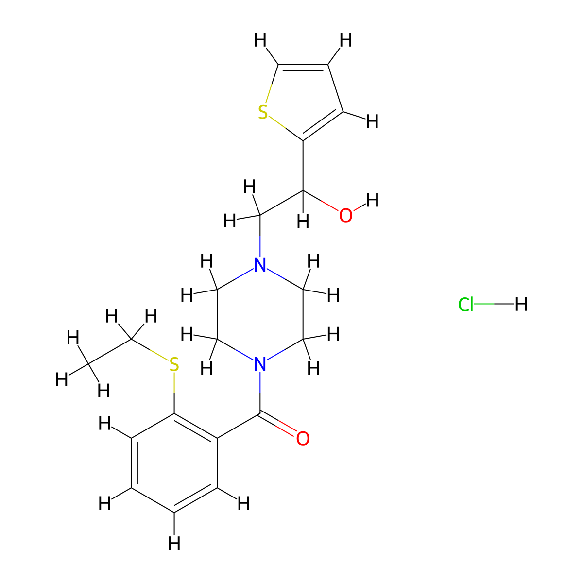 (2-(Ethylthio)phenyl)(4-(2-hydroxy-2-(thiophen-2-yl)ethyl)piperazin-1-yl)methanone hydrochloride molecular structure, CAS 1351659-30-7