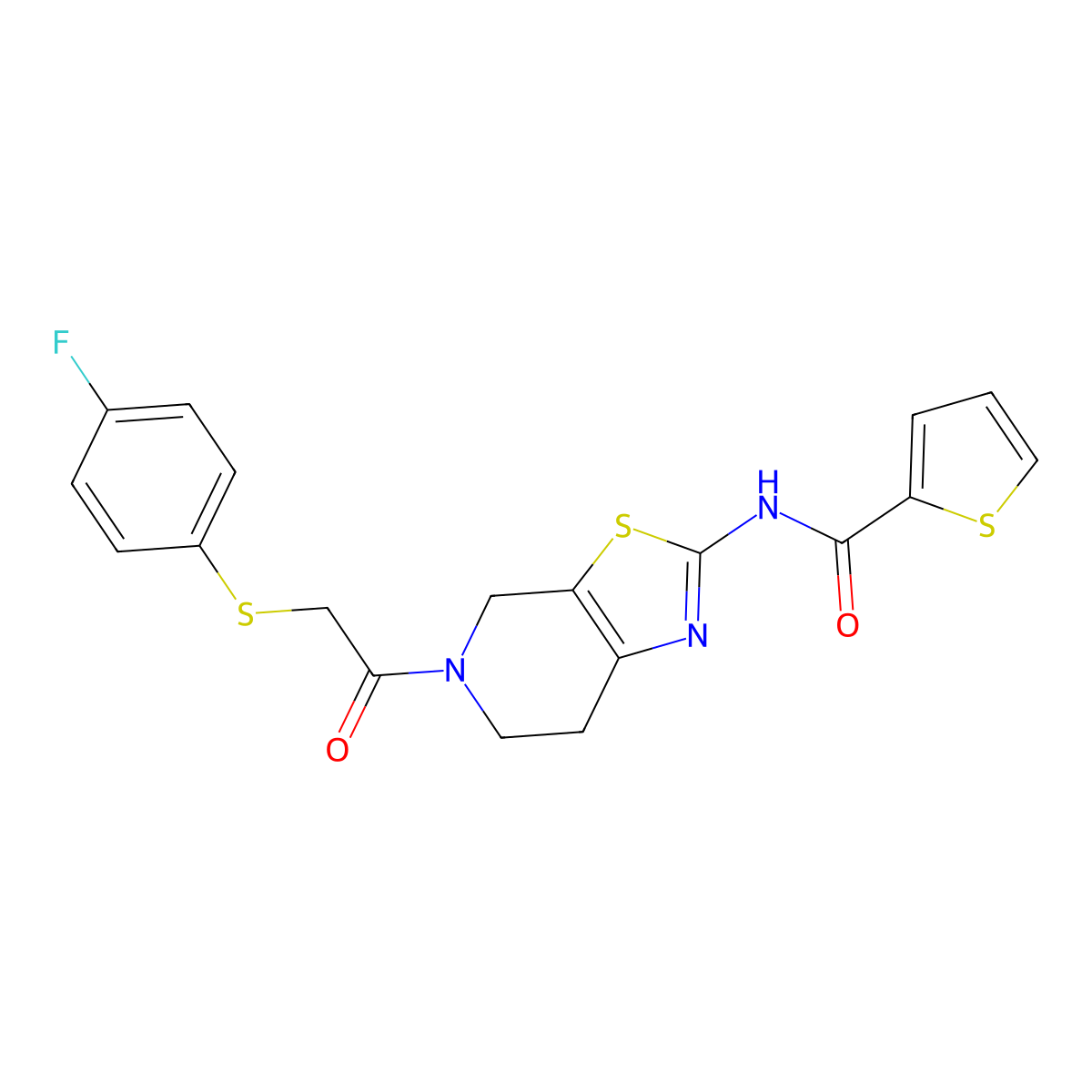 N-(5-(2-((4-fluorophenyl)thio)acetyl)-4,5,6,7-tetrahydrothiazolo[5,4-c]pyridin-2-yl)thiophene-2-carboxamide molecular structure, CAS 1351659-38-5