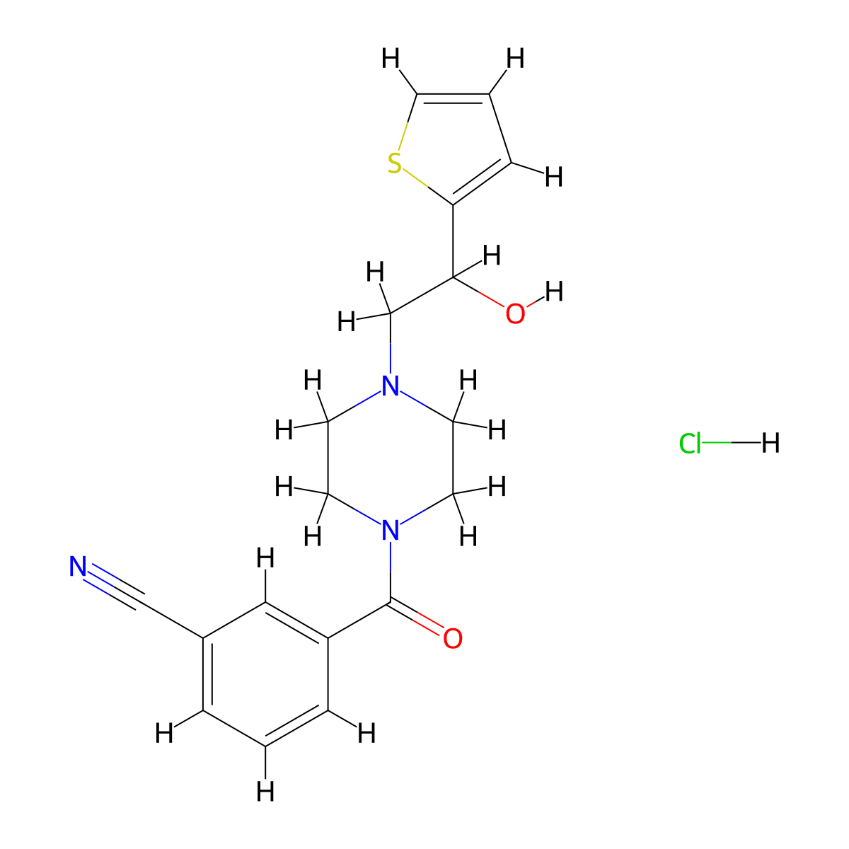 3-(4-(2-Hydroxy-2-(thiophen-2-yl)ethyl)piperazine-1-carbonyl)benzonitrile hydrochloride molecular structure, CAS 1351659-39-6