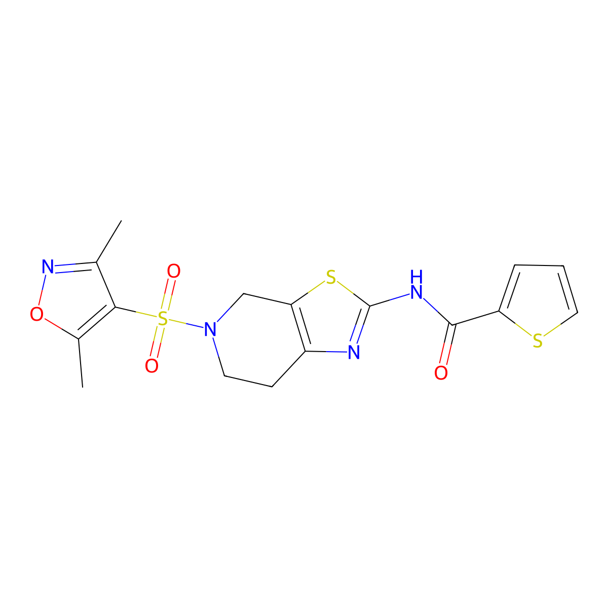 N-(5-((3,5-dimethylisoxazol-4-yl)sulfonyl)-4,5,6,7-tetrahydrothiazolo[5,4-c]pyridin-2-yl)thiophene-2-carboxamide molecular structure, CAS 1351659-41-0
