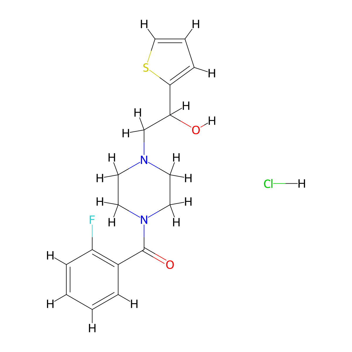 (2-Fluorophenyl)(4-(2-hydroxy-2-(thiophen-2-yl)ethyl)piperazin-1-yl)methanone hydrochloride molecular structure, CAS 1351659-42-1