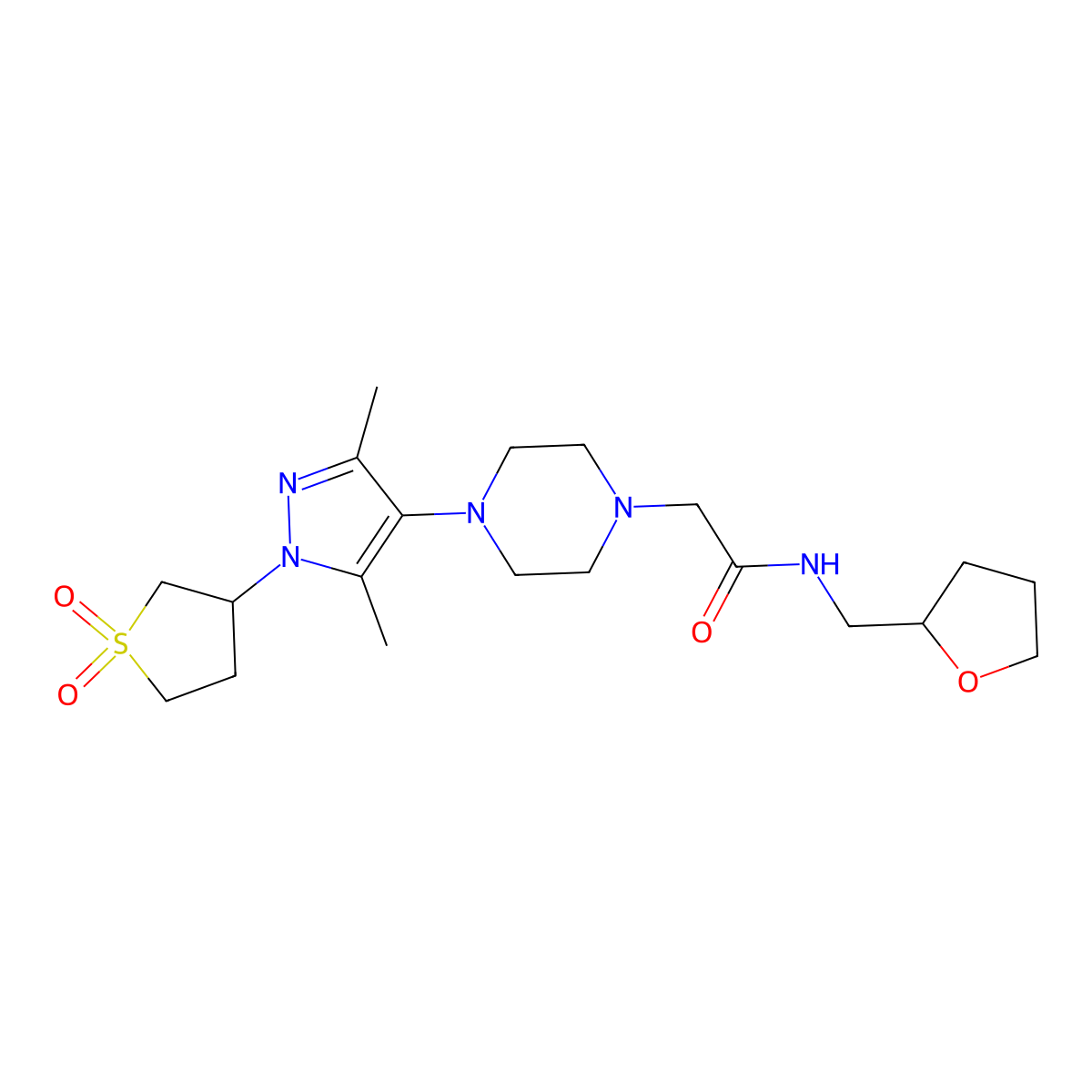2-(4-(1-(1,1-dioxidotetrahydrothiophen-3-yl)-3,5-dimethyl-1H-pyrazol-4-yl)piperazin-1-yl)-N-((tetrahydrofuran-2-yl)methyl)acetamide molecular structure, CAS 1351659-43-2