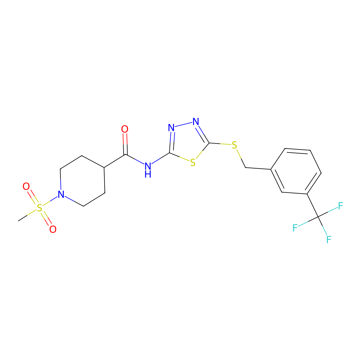 1-(methylsulfonyl)-N-(5-((3-(trifluoromethyl)benzyl)thio)-1,3,4-thiadiazol-2-yl)piperidine-4-carboxamide molecular structure, CAS 1351659-50-1