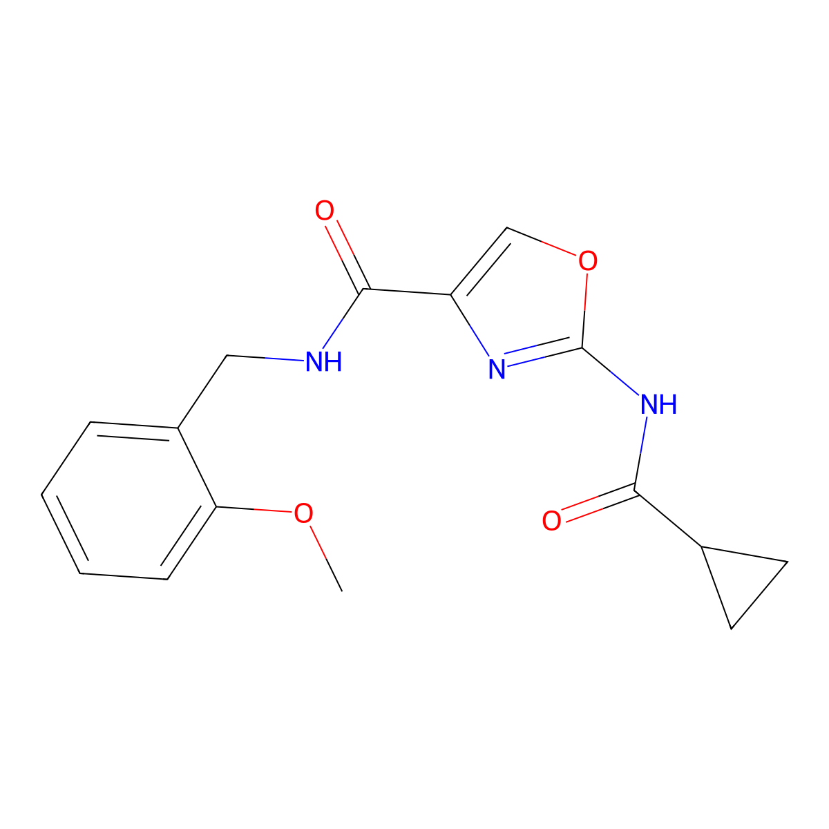2-(cyclopropanecarboxamido)-N-(2-methoxybenzyl)oxazole-4-carboxamide molecular structure, CAS 1351659-51-2