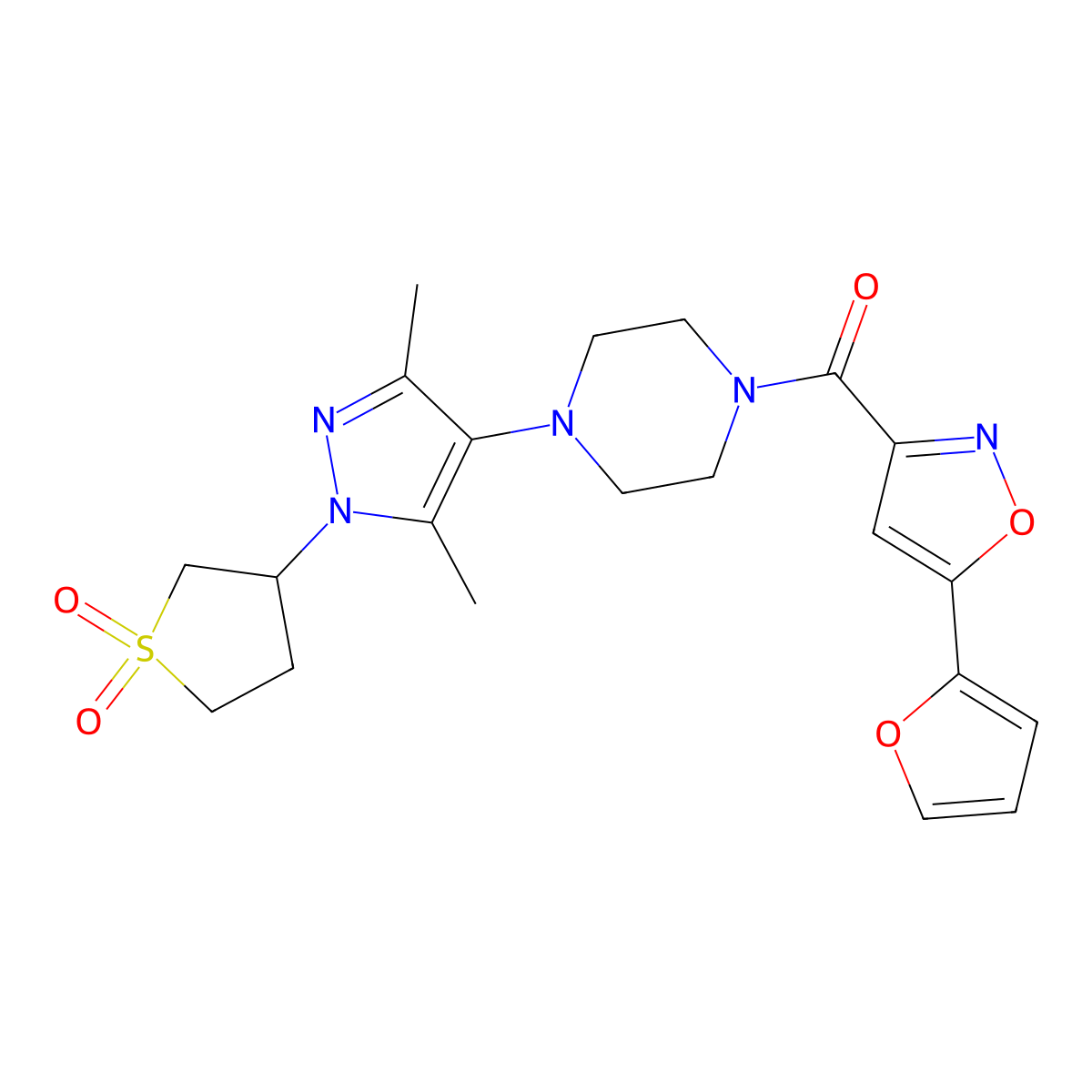 (4-(1-(1,1-dioxidotetrahydrothiophen-3-yl)-3,5-dimethyl-1H-pyrazol-4-yl)piperazin-1-yl)(5-(furan-2-yl)isoxazol-3-yl)methanone molecular structure, CAS 1351659-54-5